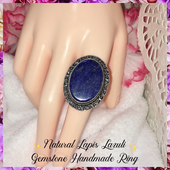 Natural Lapis Lazuli Gemstone Handmade Halo Ring - Picture 1 of 6